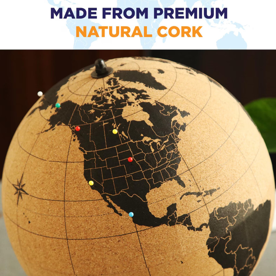 Travel Cork Globe Black 50 Push Pins Educational Map Display Stand
