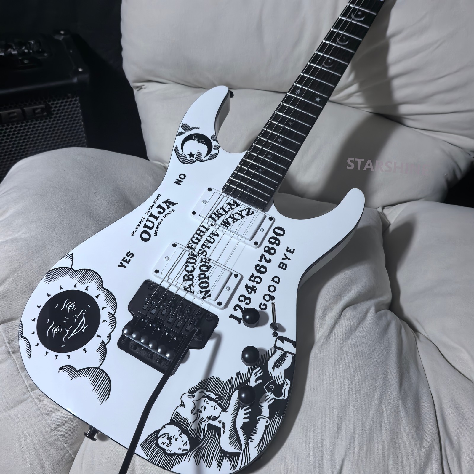 New moon Solid body white Electric Guitar  HH Pickups FR Bridge Bone Nut
