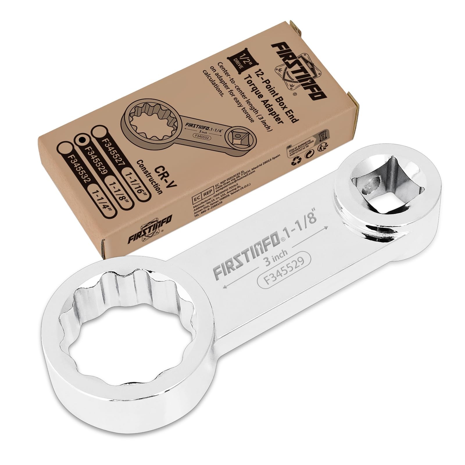 FIRSTINFO F345529 1/2Inch Drive 11/8 Inch Torque Adapter 12Point Box CRV