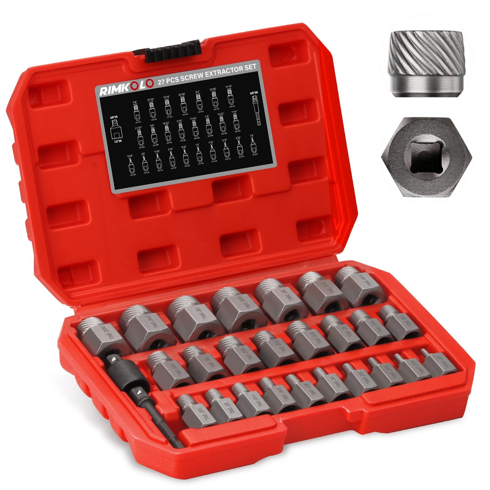 RIMKOLO 27-Piece Screw Extractor Set, 3/8" Inch Drive Easy Out Bolt 27-piece