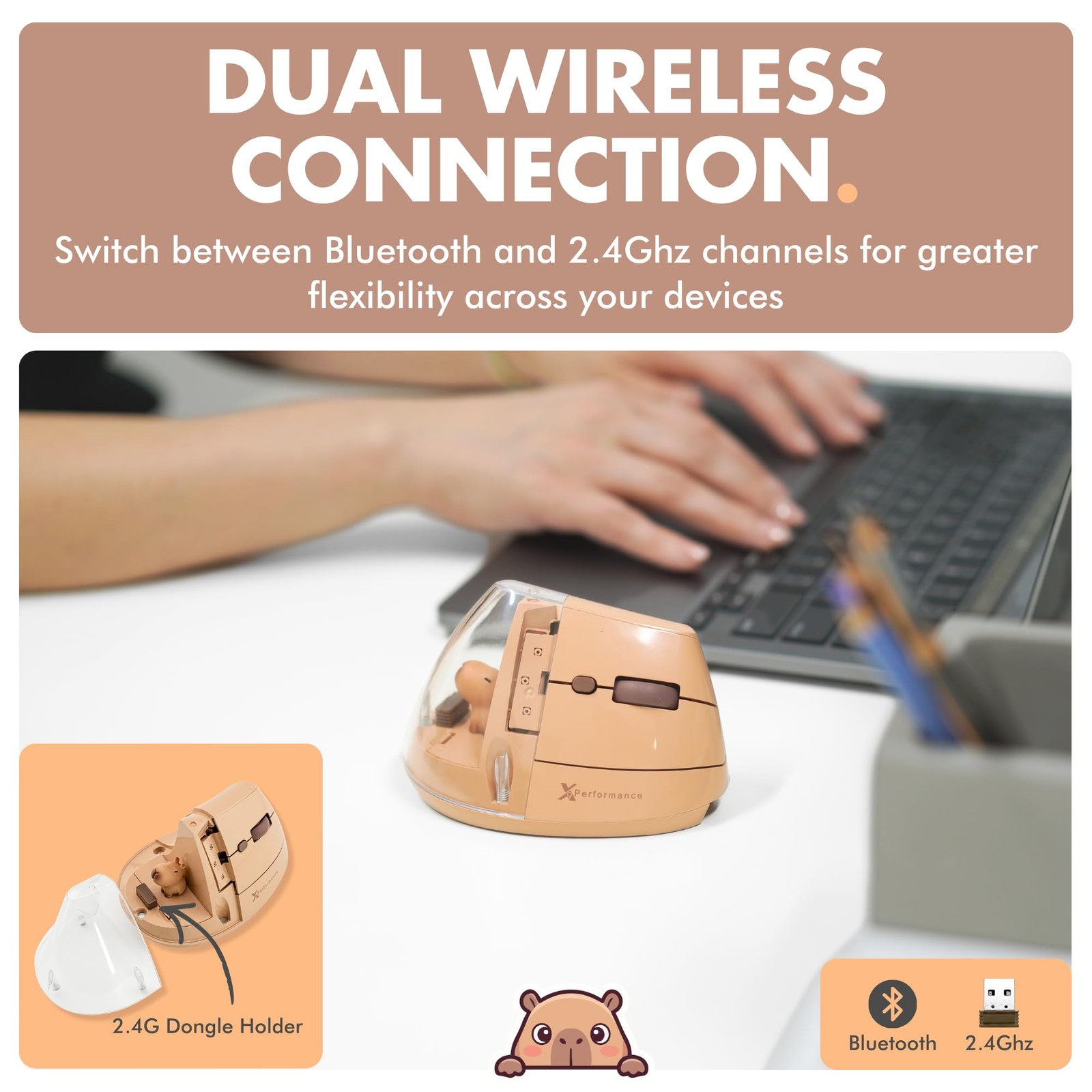 Wireless Vertical Ergonomic Mouse - Click with Capybara - (BT + 2.4G) Up to 4...