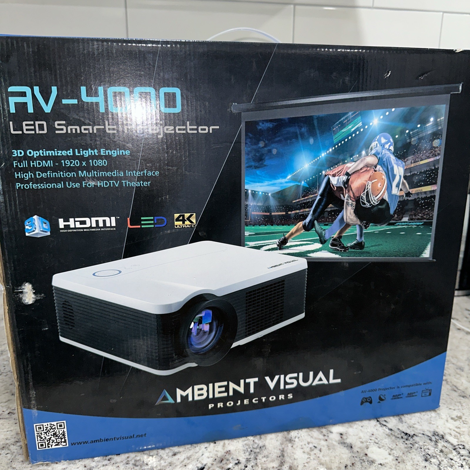Ambien Visual 4000 LED smart Projector FULL HDMI 1920x1080 HD Multimedia-NIB