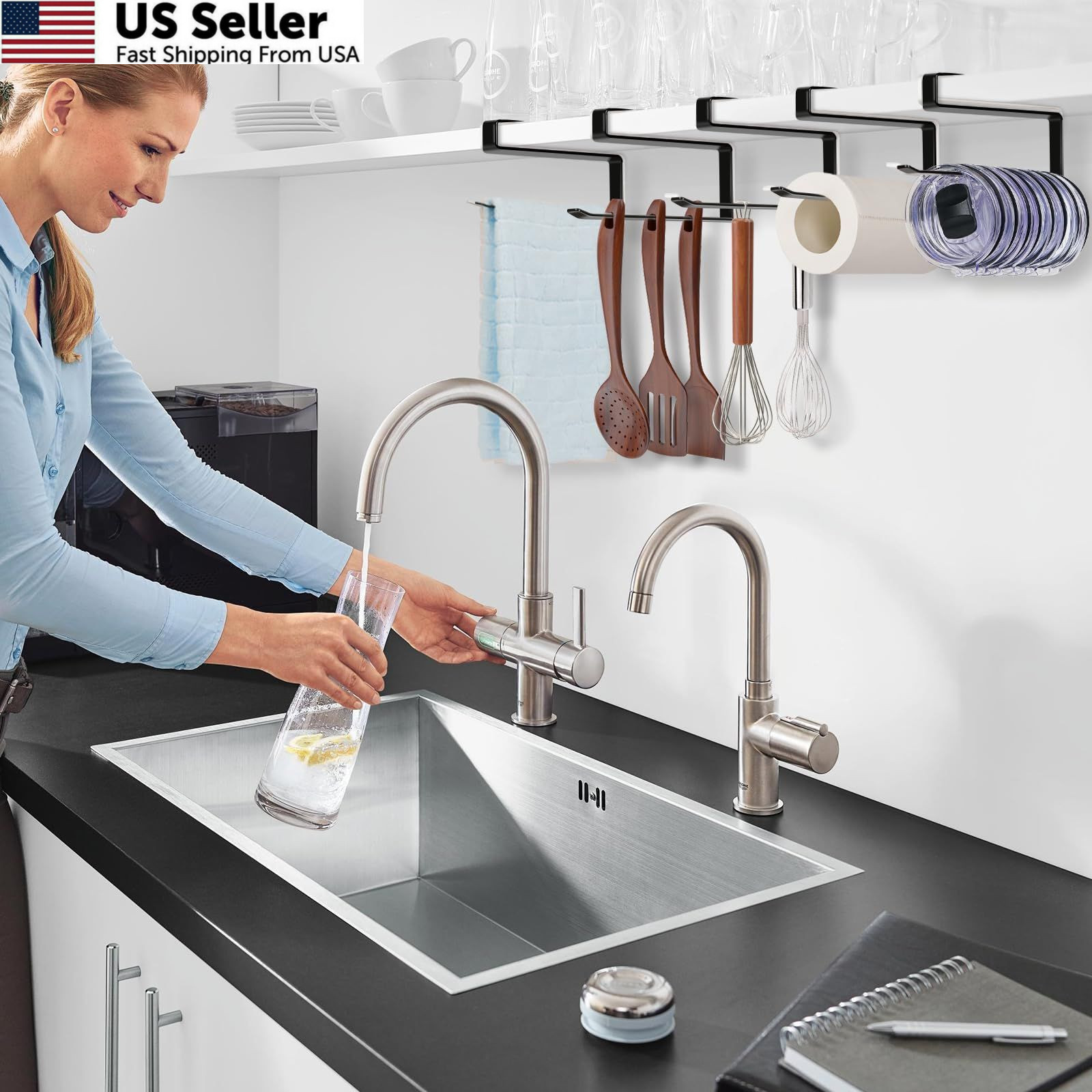 Tumbler Lid Organizer, Horizontal Storage Hook Up 1 Pack, Black