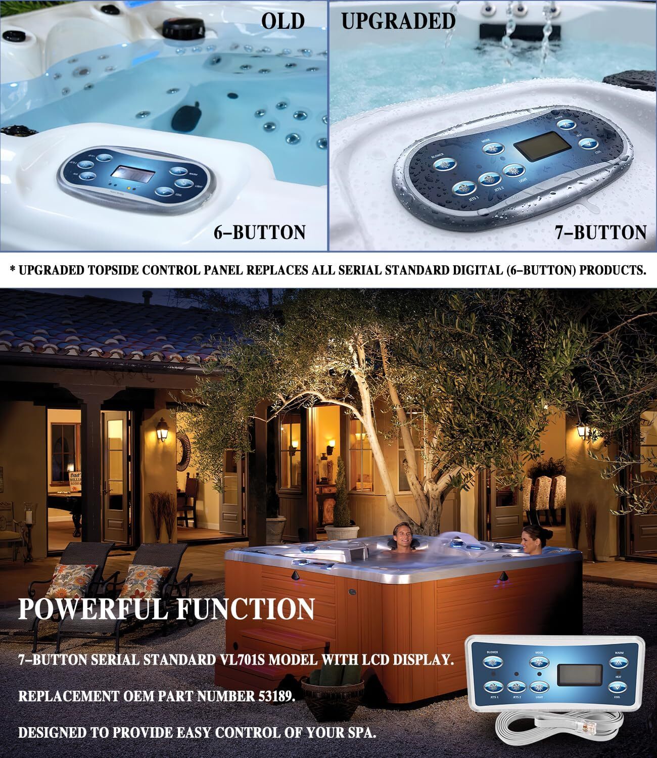 for Balboa 53189, VL701S Topside Control Panel with 7-Button VS510SZ Controllers