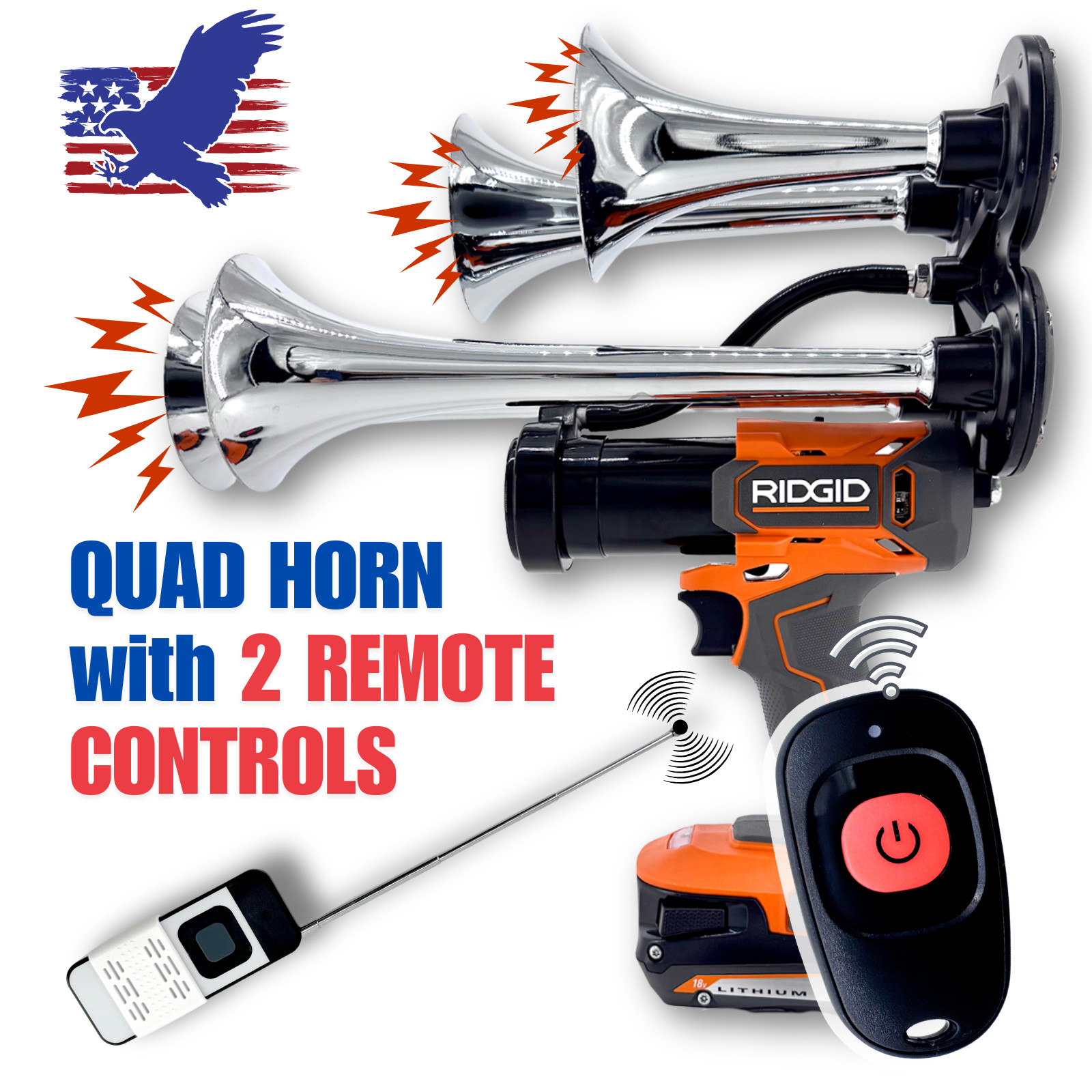 Honkup RIDGID 18V Train Horn | Quad Chrome Trumpets | 2 Remote Controls