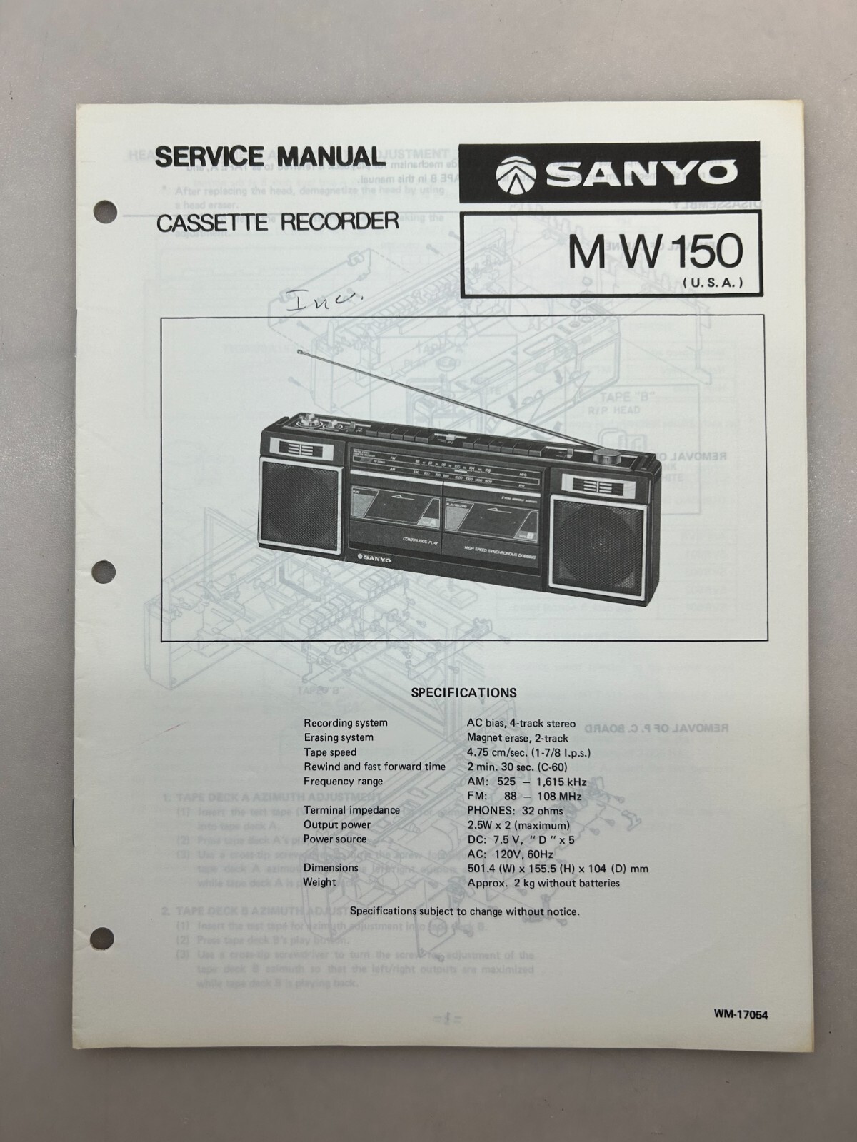 Sanyo M W150 Original Service Manual Free Shipping