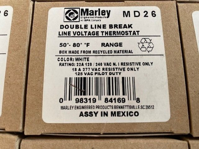 Marley MD26 Double Line Break Line Voltage Thermostat 50-80 F - White (NEW)