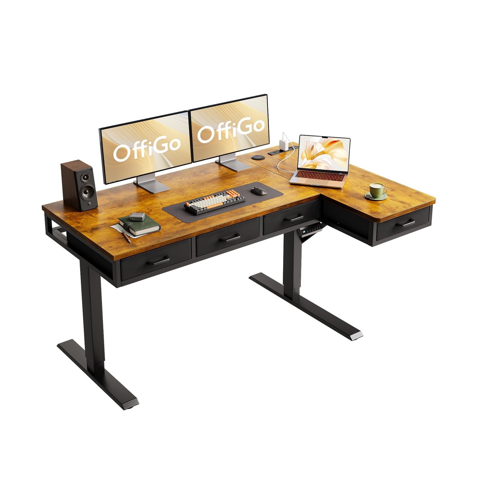 OffiGo 55 Inch L Shaped Electric Standing Desk with Drawers, Height Adjustabl...