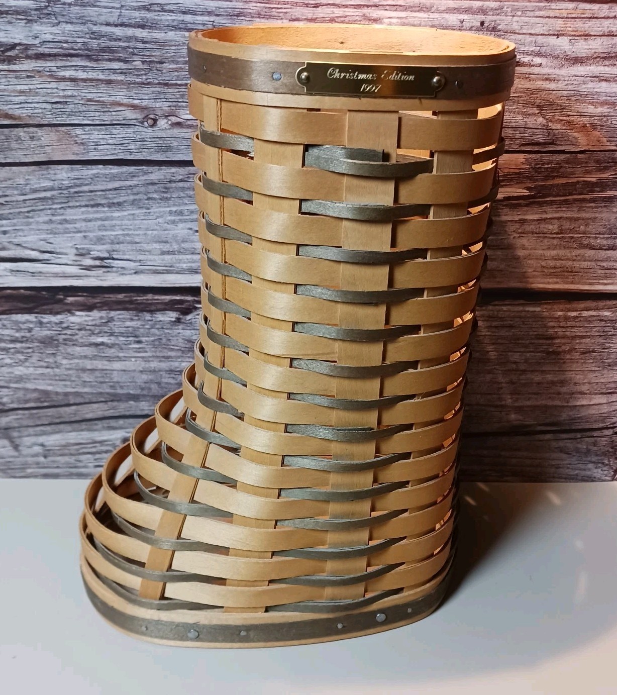 Christmas Boot Shaped Basket Maple Wood Weave W/ Green Accent 1997 Centerpiece