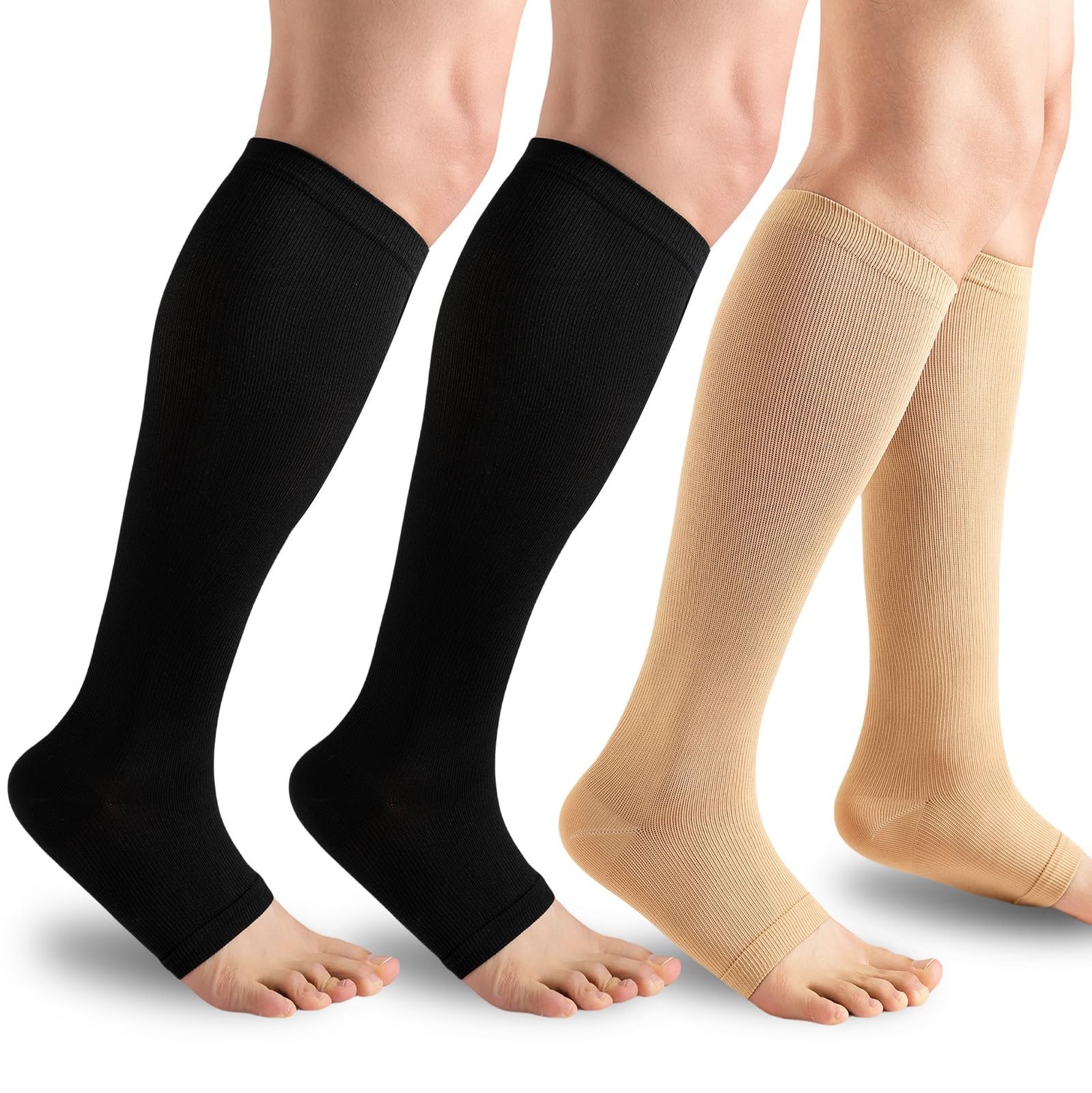 3 Pairs Open Toe Compression Socks for Men & Women - 15-20 Mmhg Knee High