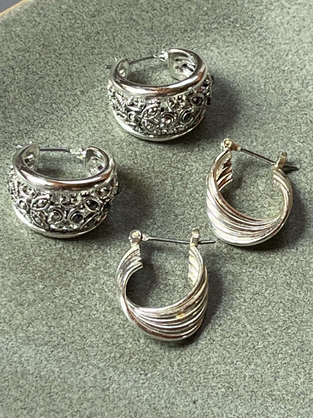 Lot of Faux Marcasite Tapered Wide & Interlocking Tubular Twist Silvertone Hoop