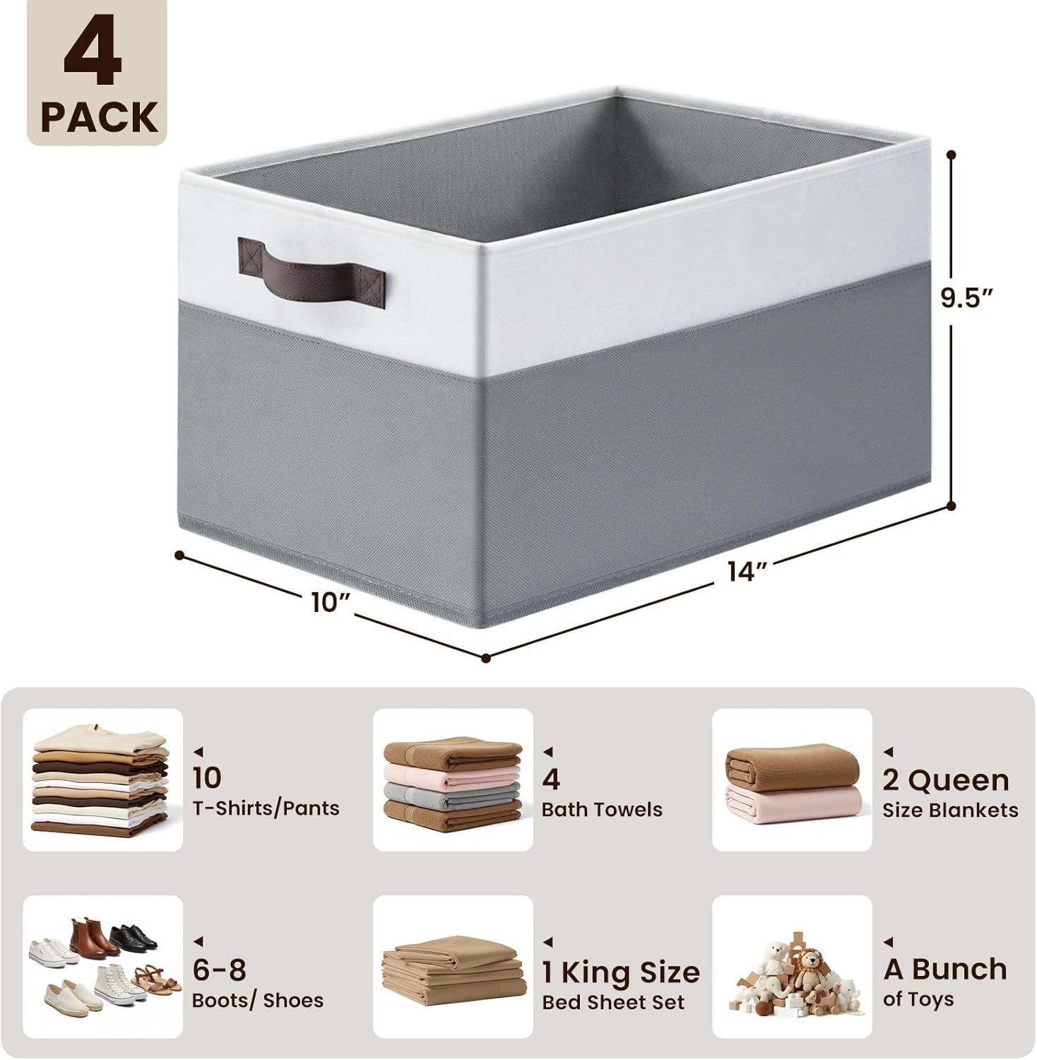 4 Pack Large Closet Storage Baskets 14x10 Fabric Organizers with Handles Collaps