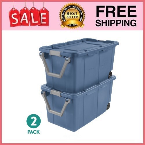 Sterilite Extra-Large Wheeled Industrial Storage Bin, 40 Gal, Plastic, Blue,2 pk