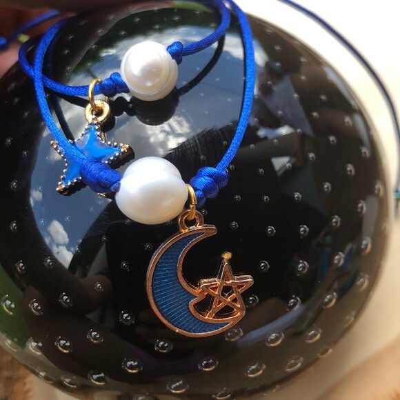 Moon & Star Pearl mommy & Me handmade blue bracelet set