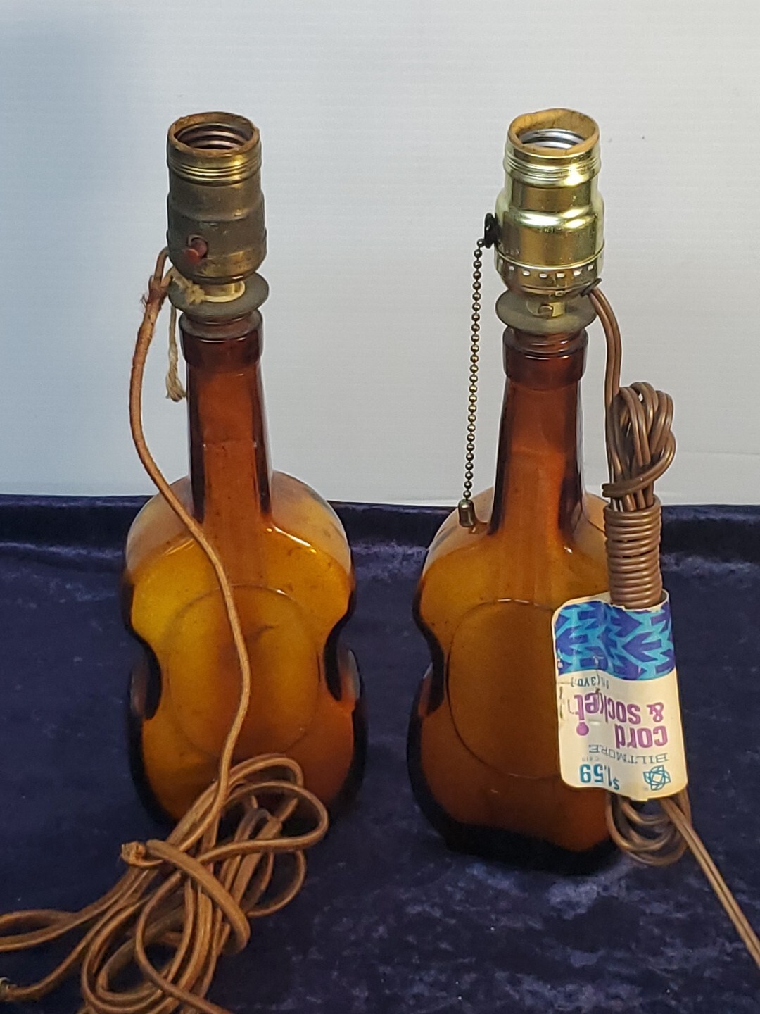 2 Fiddle Guitar Or Cello Shaped Amber 10" Whiskey Bottle Lamps 1950's? Nice Pair