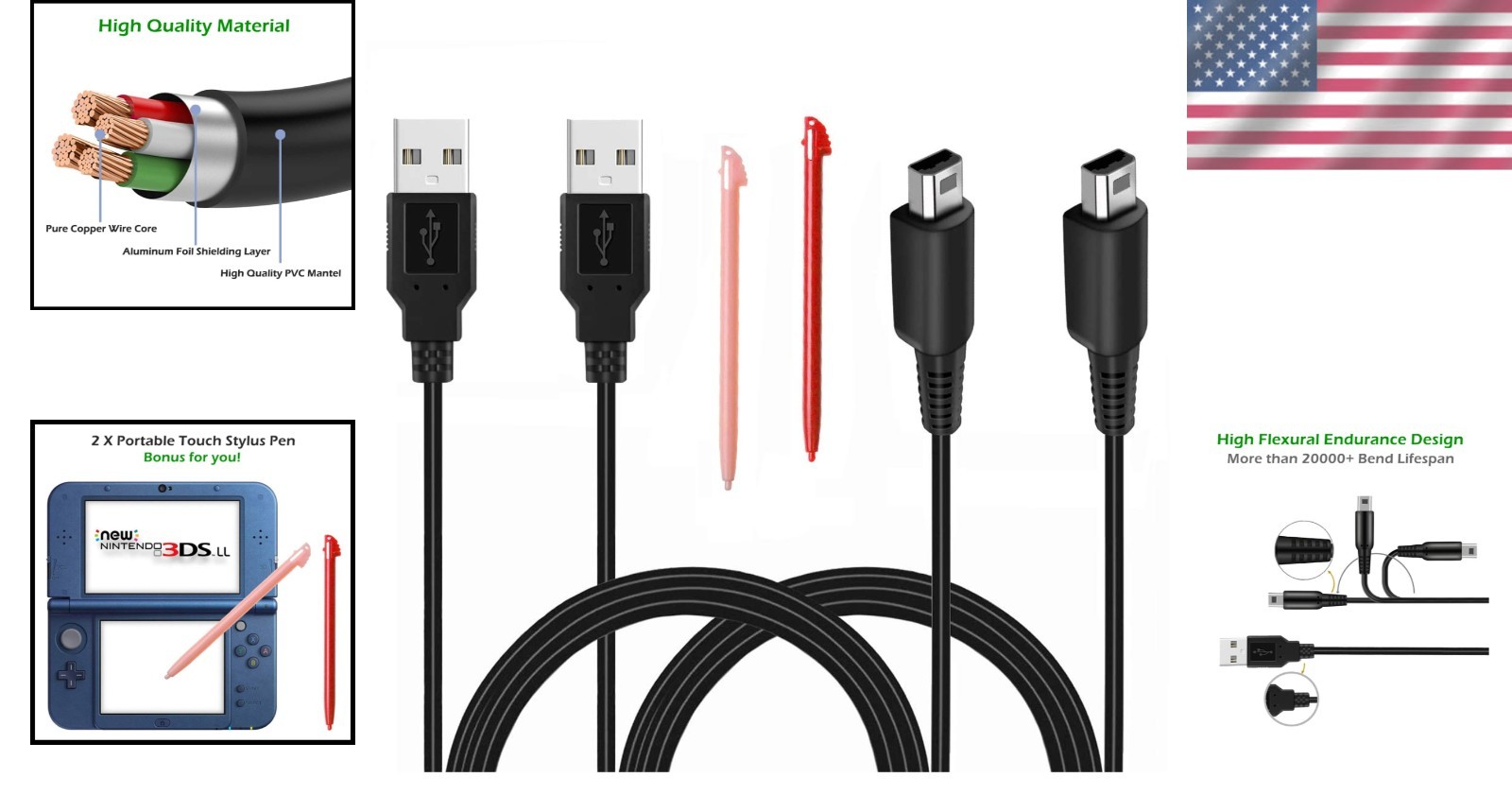 2x 3.9ft USB Charging Cables for 3DS/2DS - Play While You Charge with Stylus