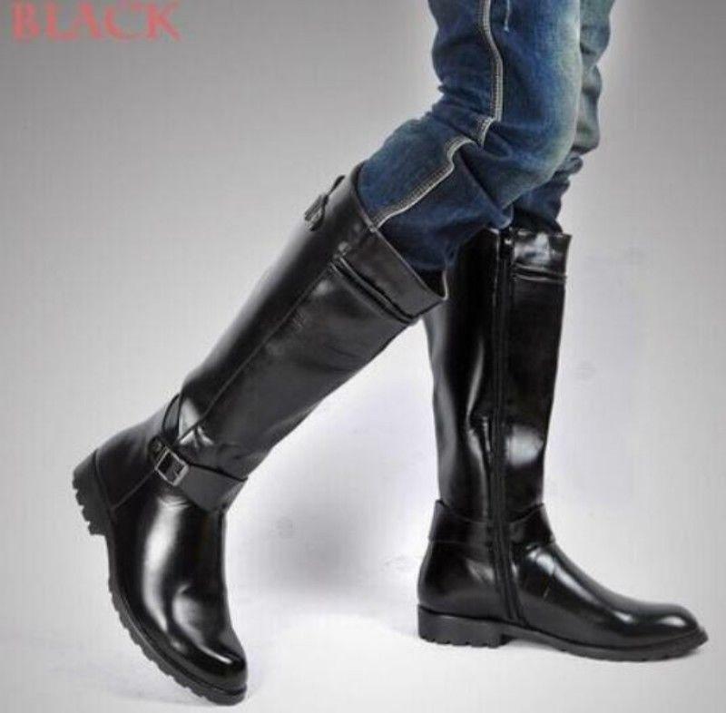Mens Knee High Combat Military Boots Leather Side Zip Riding boots Shoes