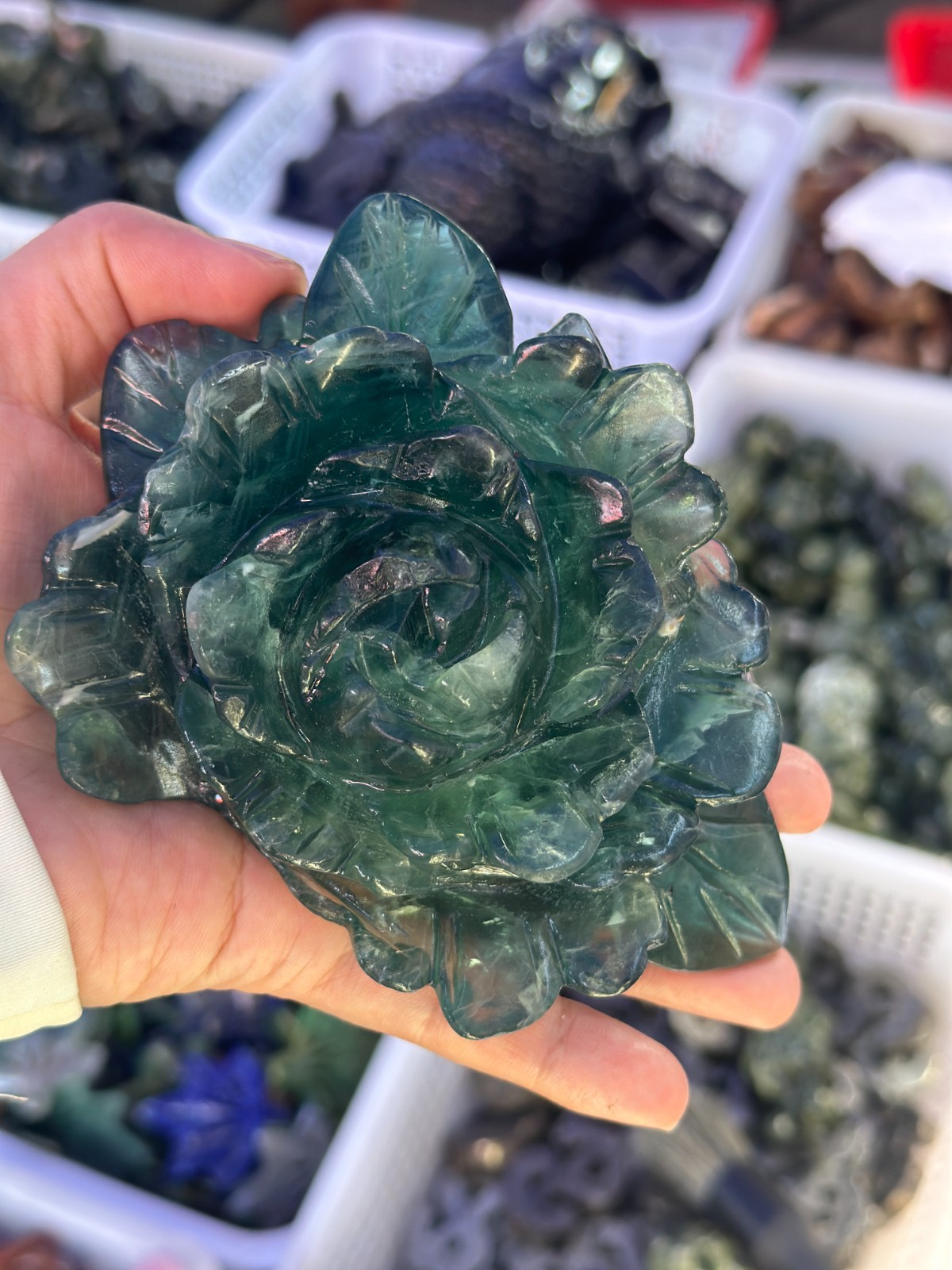 1pc Natural green fluorite Quartz Carved peony flower Crystal Reiki healing gift