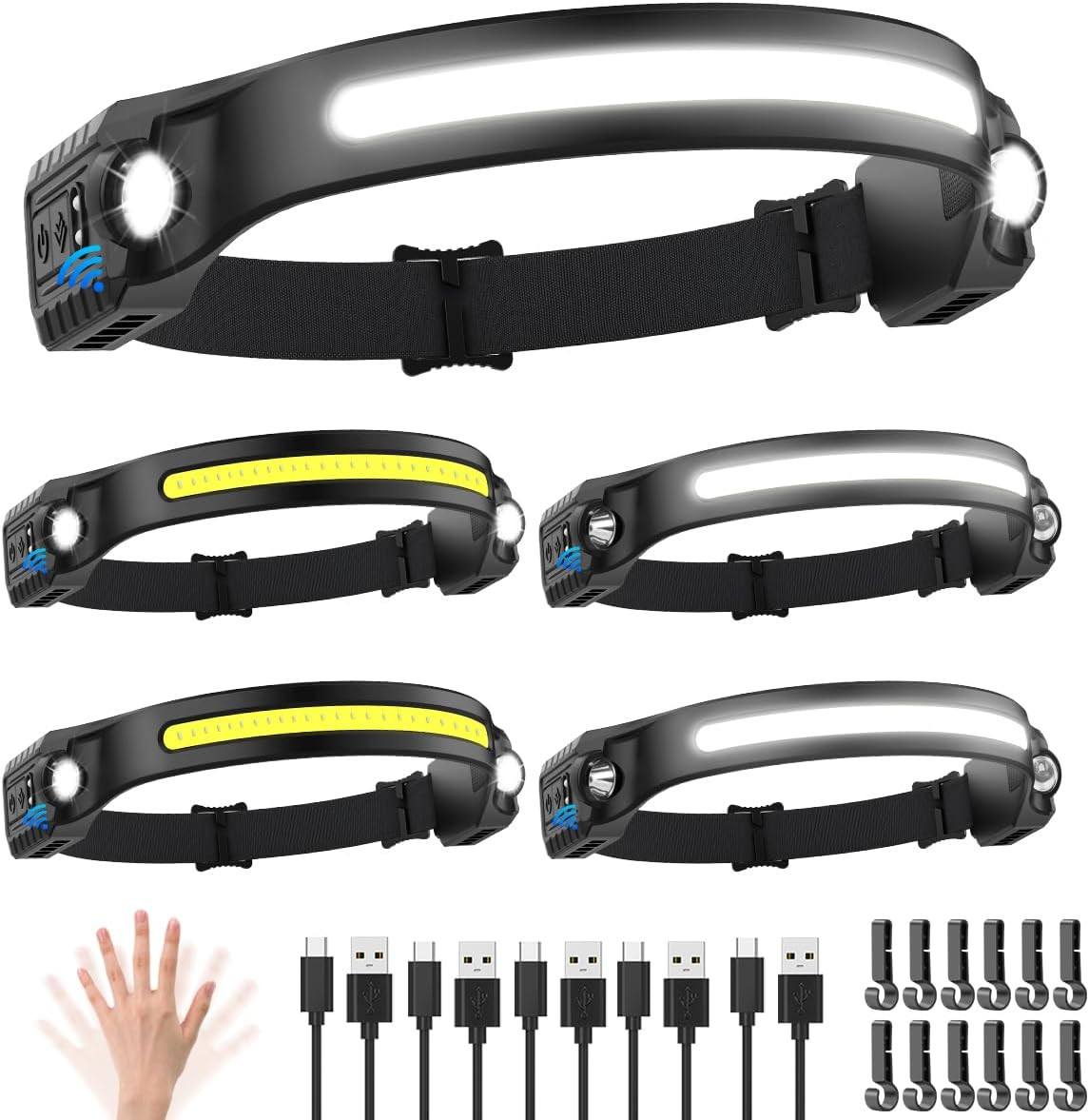 Headlamp Rechargeable 5Pack, 230° Wide Beam Head Lamp with 2 Spotlights, LED Hea