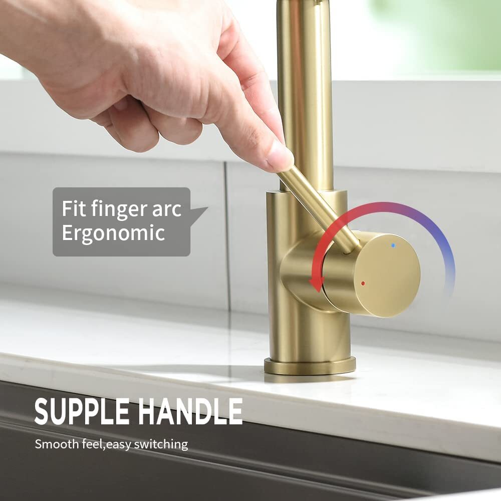 Brushed Gold Kitchen Faucet with Pull Down Sprayer Single Handle Spring Faucet