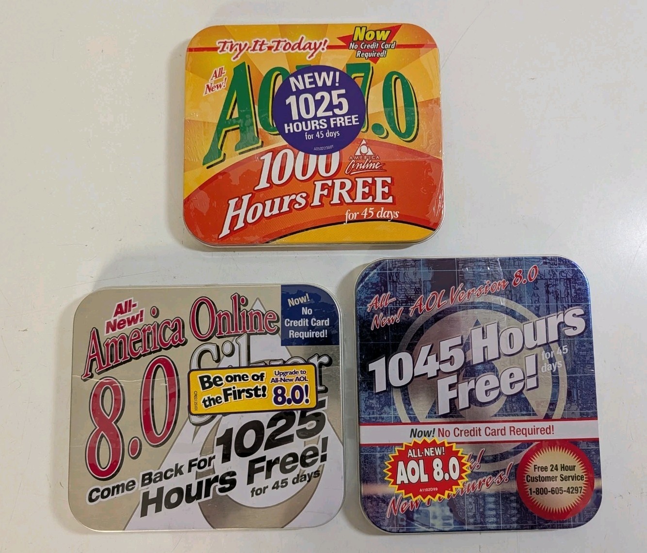 Brand New Lot of 3 America Online (AOL) Collectible / Install CDs Metal Tins