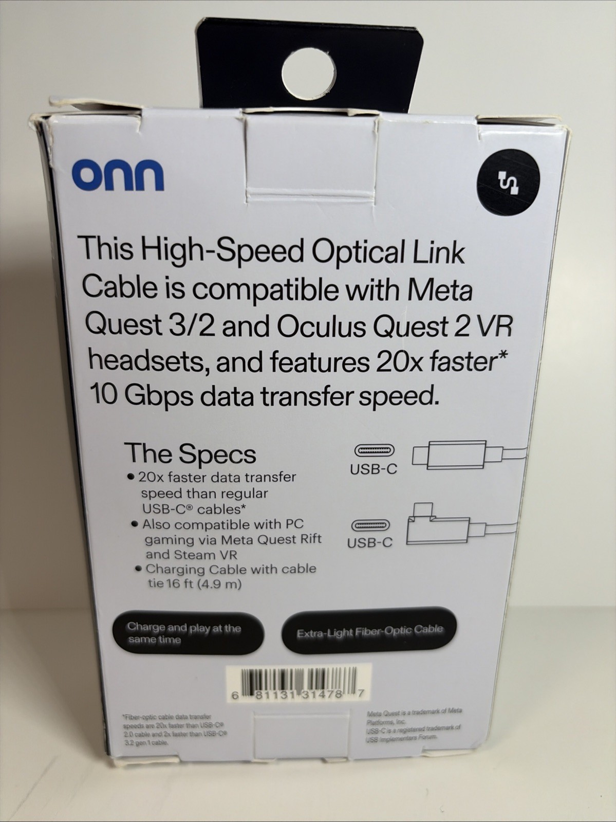 Onn 16ft VR Link Cable Meta Quest 2 3 USB-C Optical Link High Speed 10Gbps