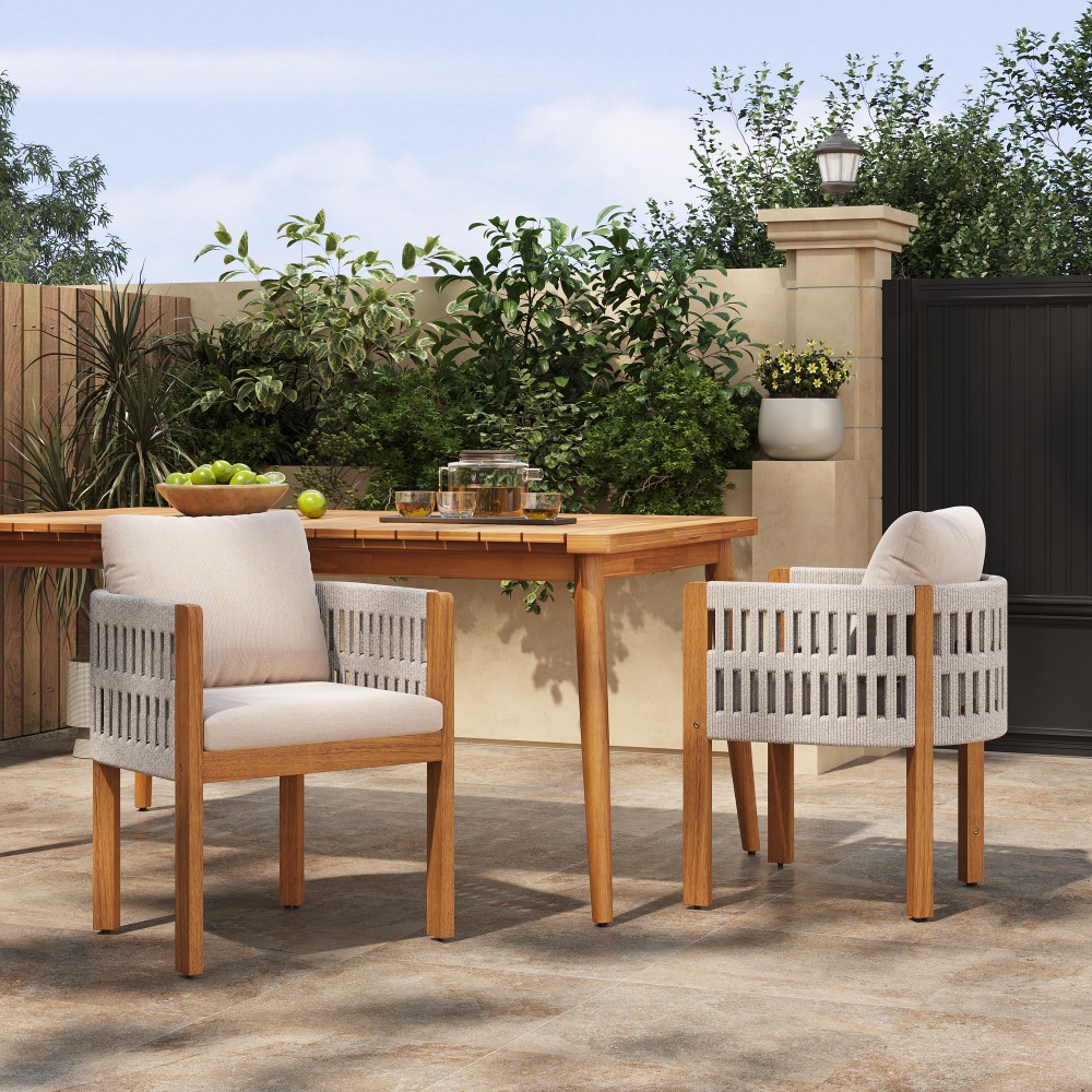 Acacia Wood Patio Dining Chairs Set of 2 Rope Handles Waterproof Beige