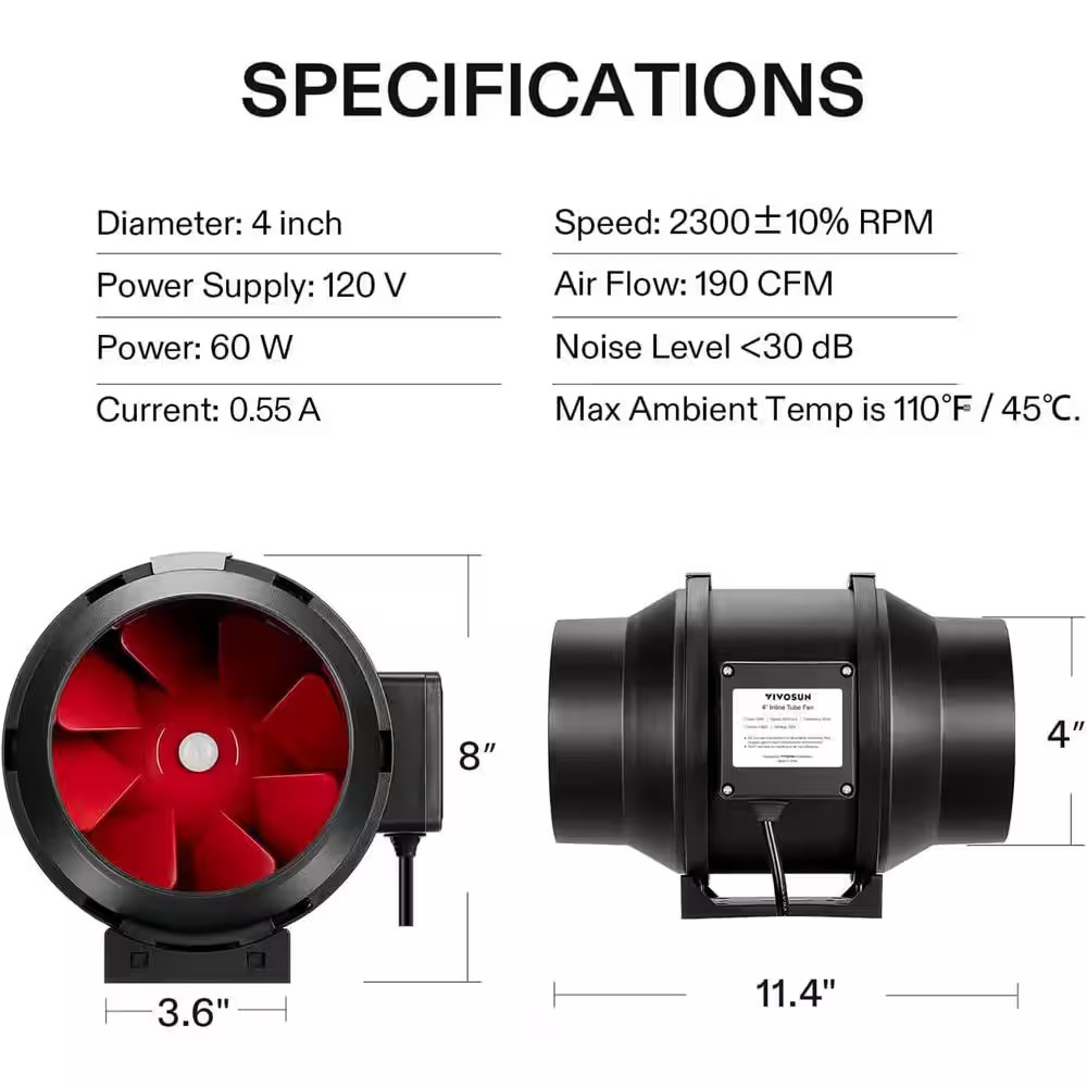 4 In. 190 CFM Inline Duct Fan with Variable Speed Controller