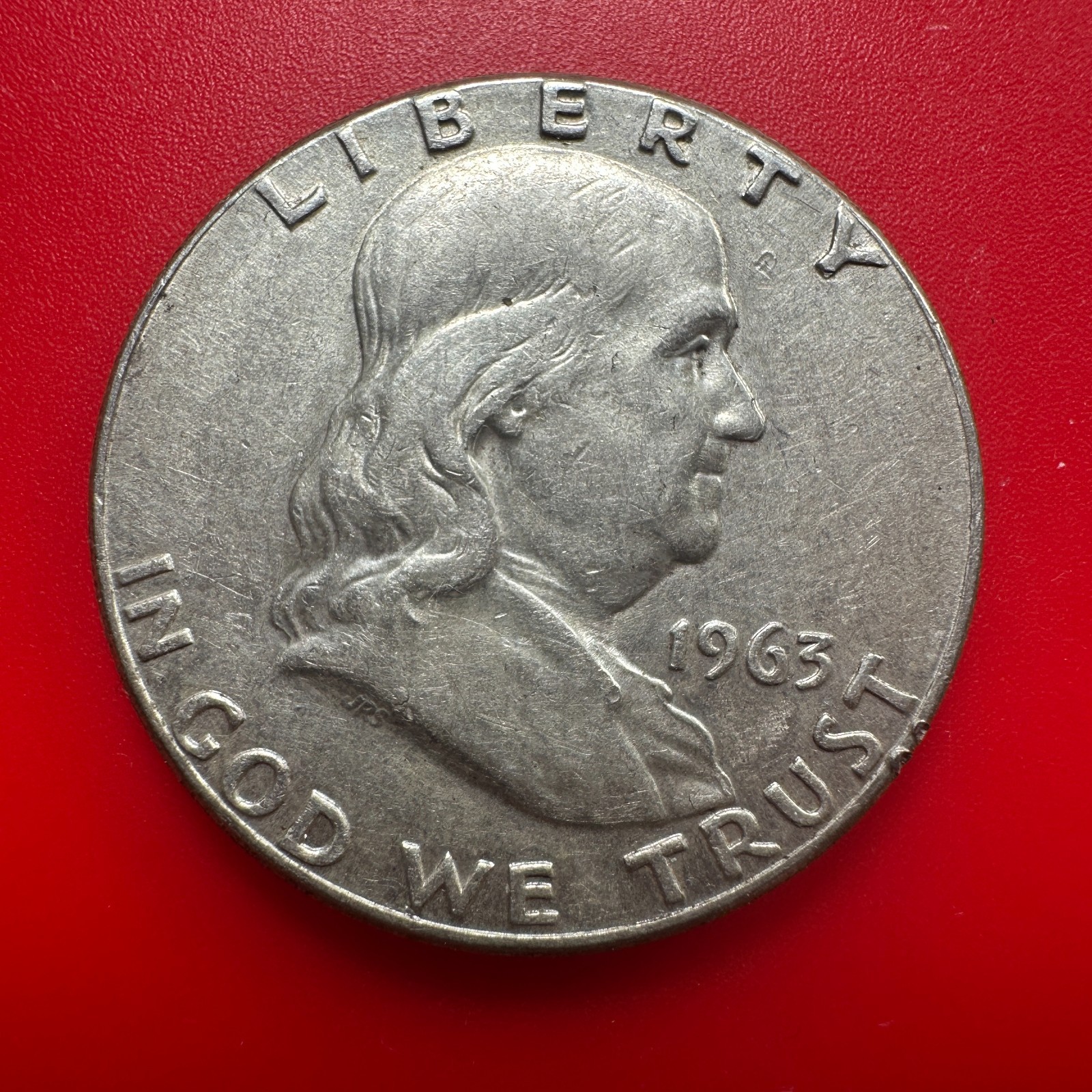 1963 FRANKLIN HALF DOLLAR, AUTHENTIC SILVER COIN, ERROR, OFF CENTER OBVERSE