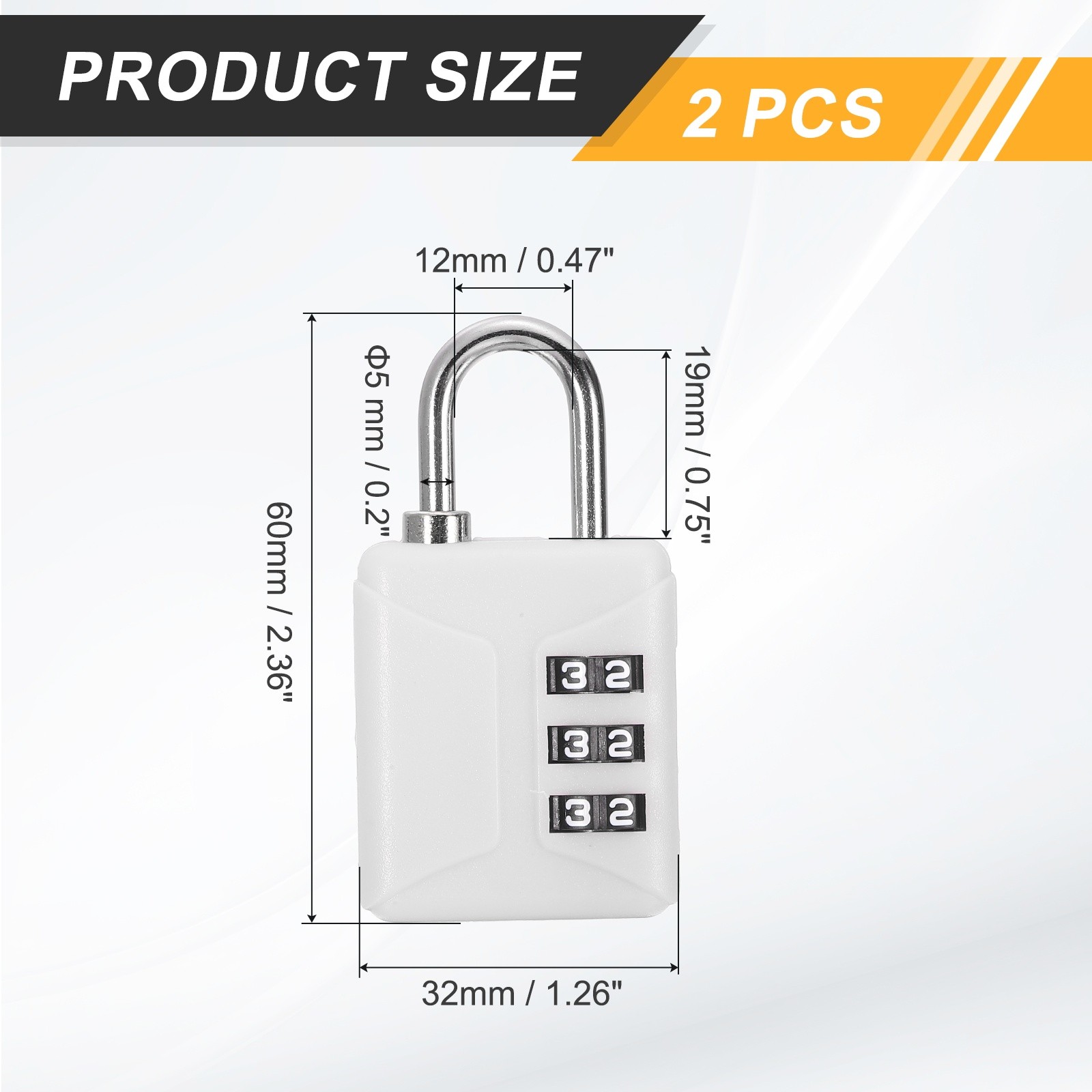 2pcs Resettable 3 Digit Plastic Combination Padlock, White (60 x 32mm)