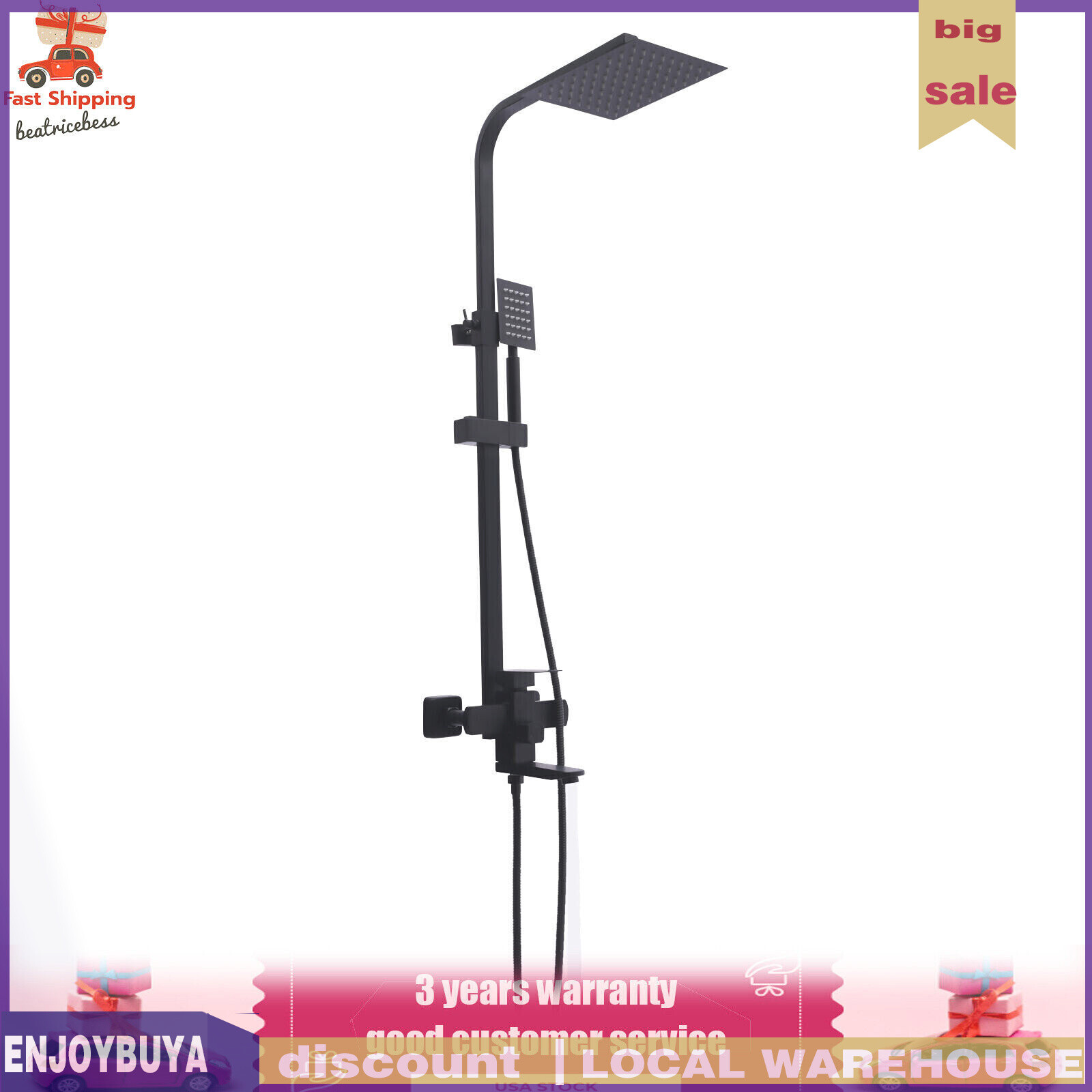 Shower Faucet Set System Rainfall Shower Head Handle Combo Kit Wall Mount Black