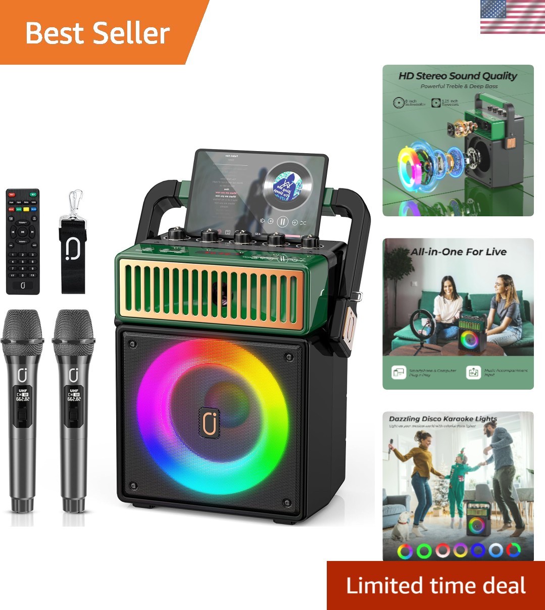 Bluetooth PA Speaker System with 2 Wireless Mics, Retro 60W Karaoke Machine w...