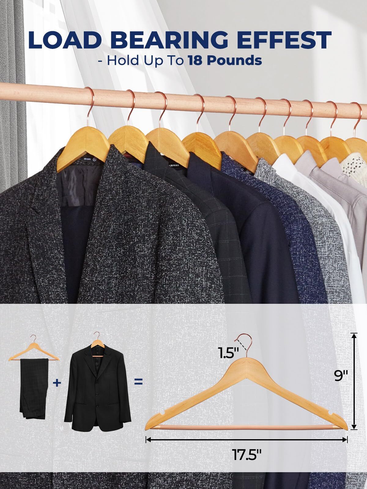 Wooden Hangers 20 Pack Durable Coat Hanger Wood Hangers with Bar Premium Suit...