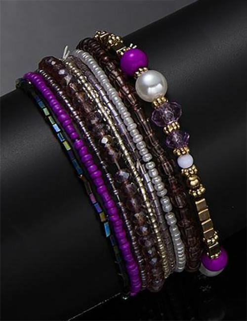 Bracelet Set, Crystal Seed Beads, Boho, 9pc, Purple