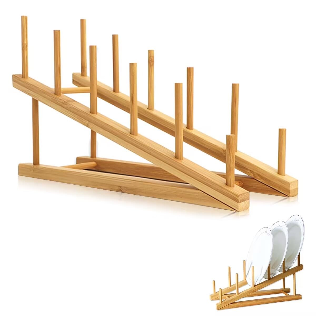 Bamboo Dish Drying Rack Wooden Plate Rack Kitchen Pot Lid Holder Cabinet Orga...
