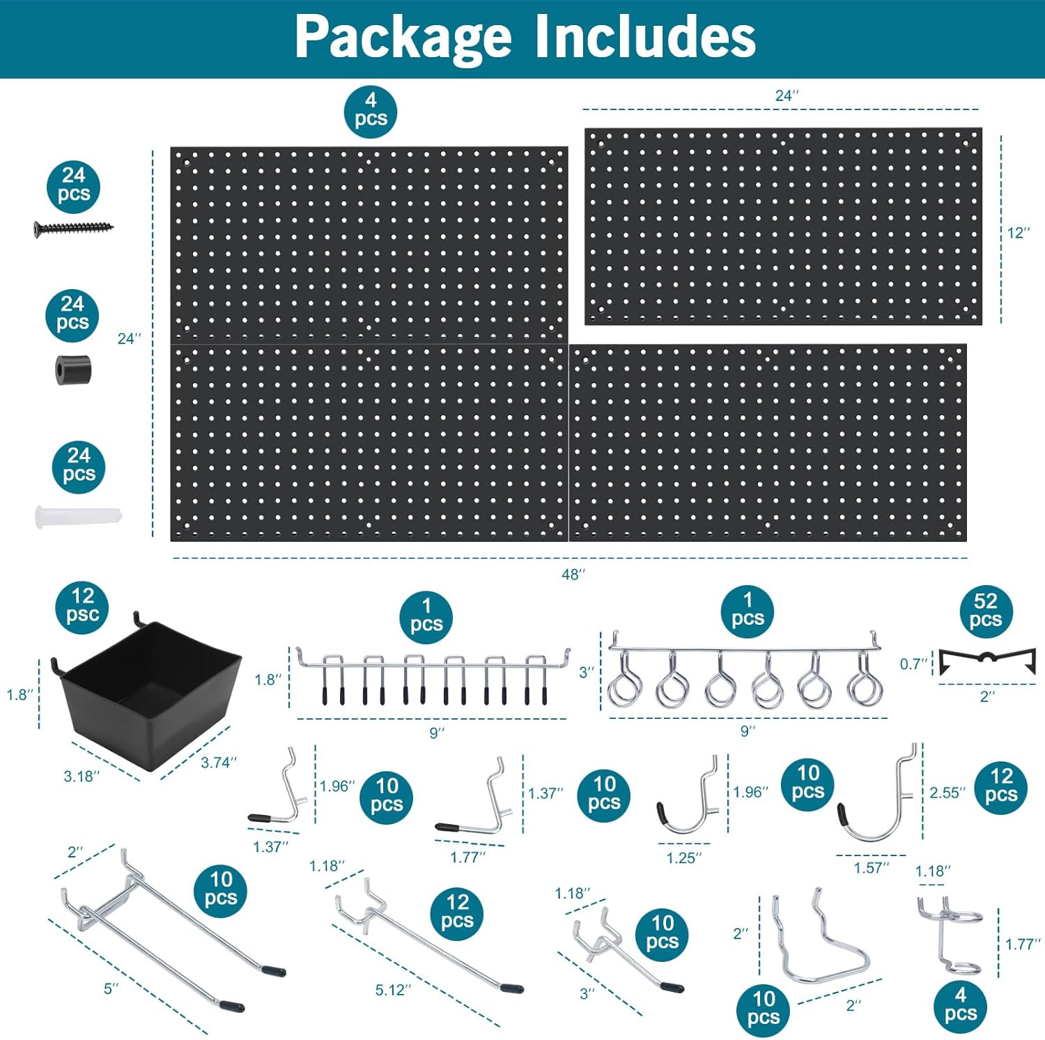 158PCS Metal Pegboard Kit with Hooks for Wall Garage Tools Pegboard Storage Syst