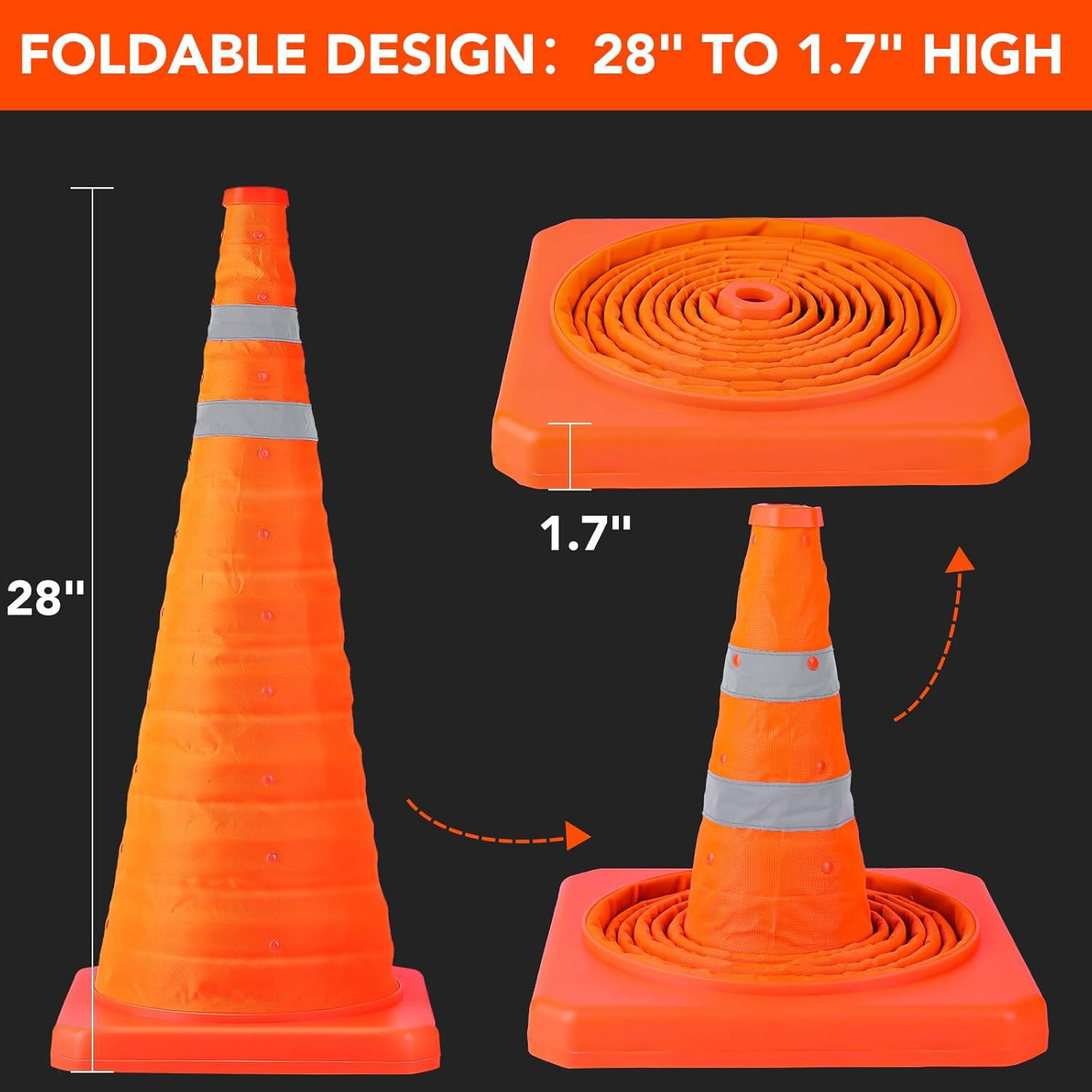 2 Pack 28" Collapsible Traffic Safety Cones - Reflective Parking Training