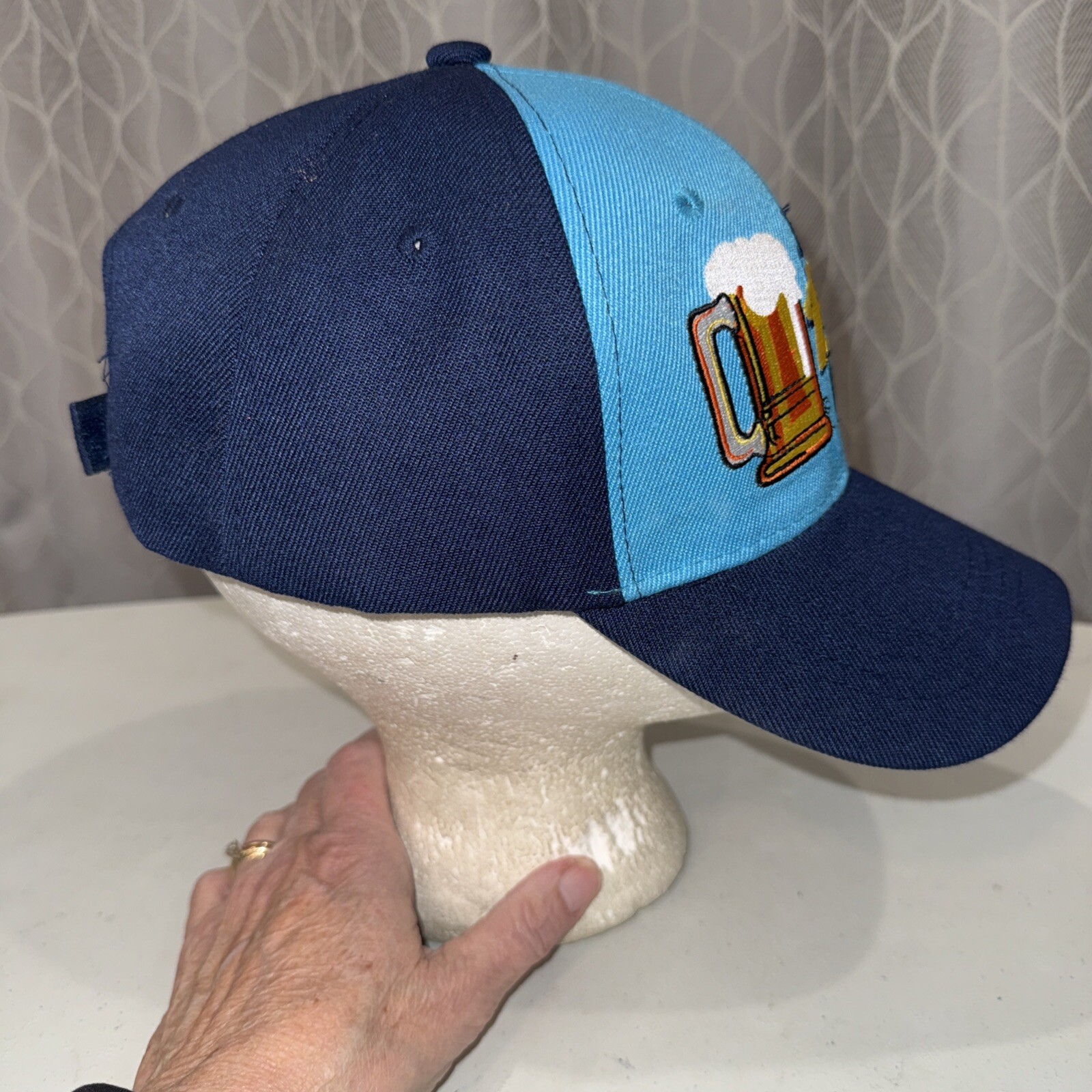 “Just Beer Me” w Foaming Beer Mug on Navy and Brite Blue Hat Cap Hook Loop EUC