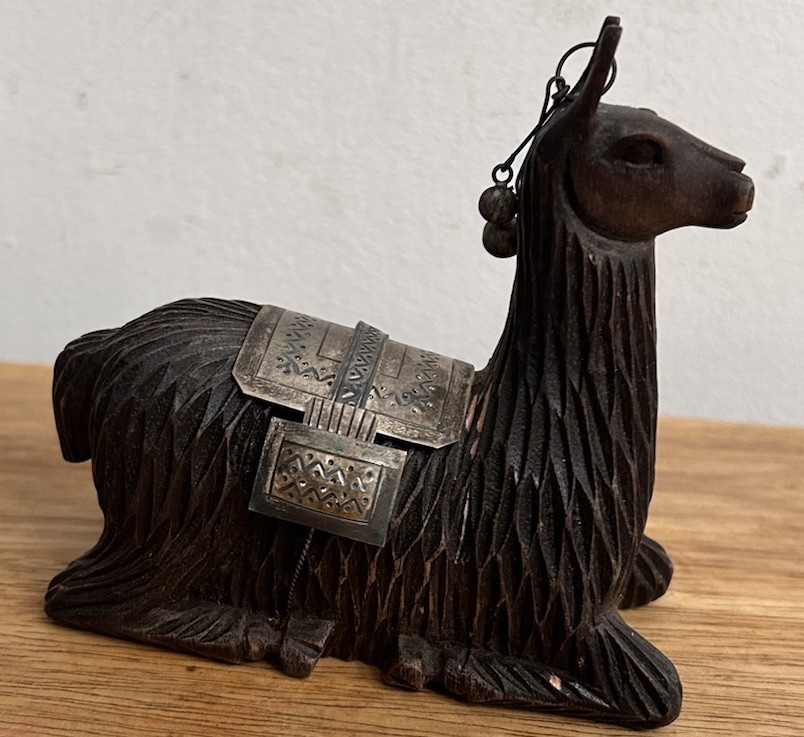 Hand Crafted Wooden Alpaca Sculpture metal cover Marked 925 * READ* SOLD AS IS*