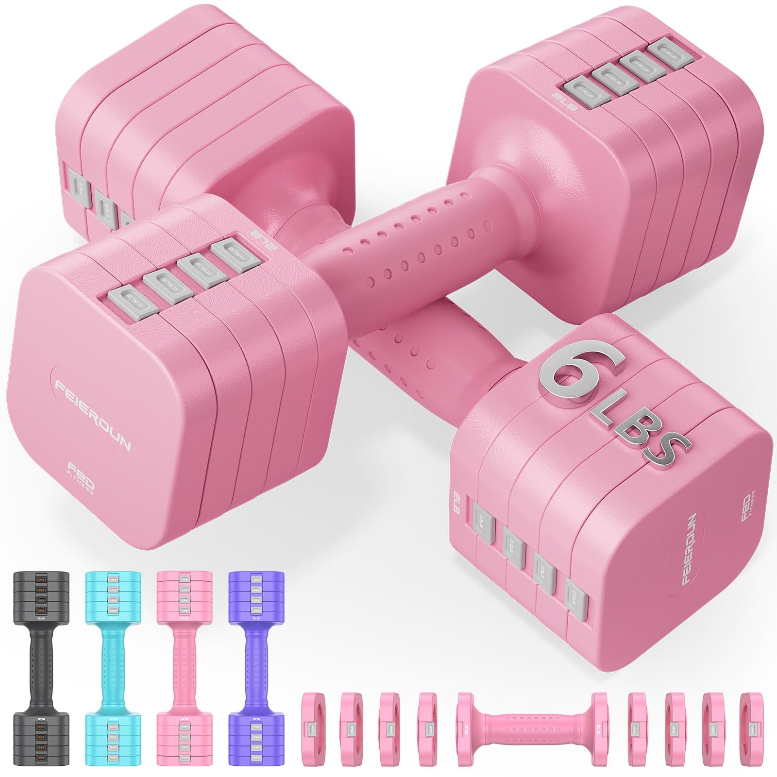 FEIERDUN 5-in-1 Adjustable Dumbbell Set of 2, 12LBS/6LBS Hand Weights for Wom...