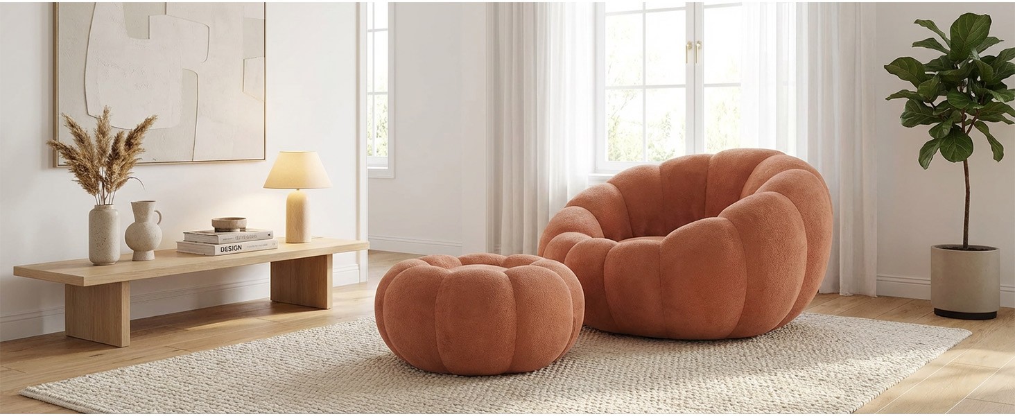 Pumpkin Shape Lounge Chair & Footstool - Brown