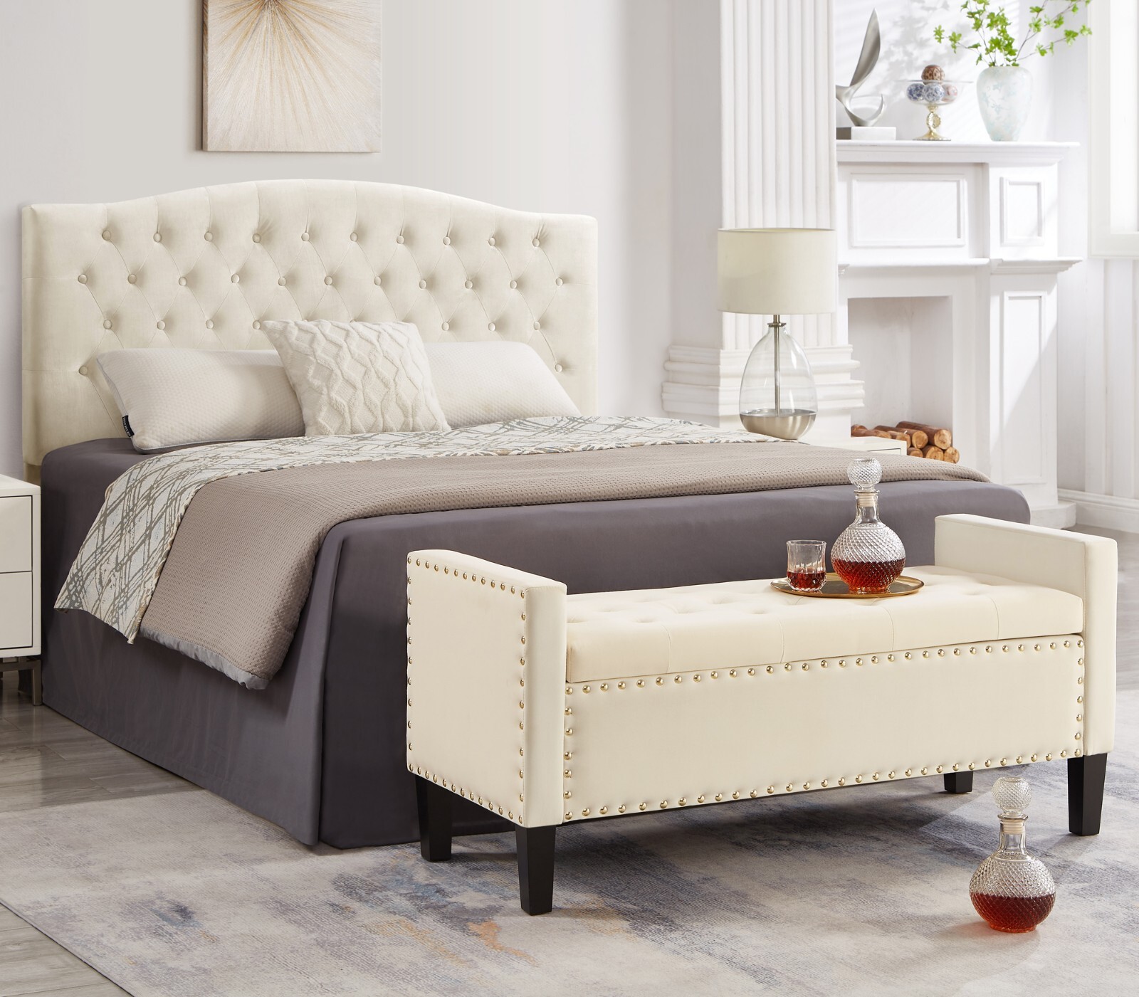Modern Button Tufted Bed of Bench Velvet Upholstered Storage Ottoman Seat w/ Arm