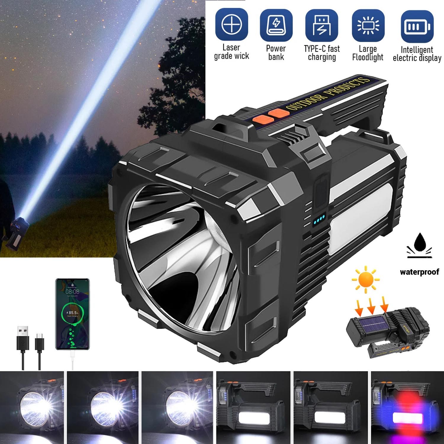 10000000LM Spotlight Rechargeable Flashlight Super Bright Outdoor Handheld Torch