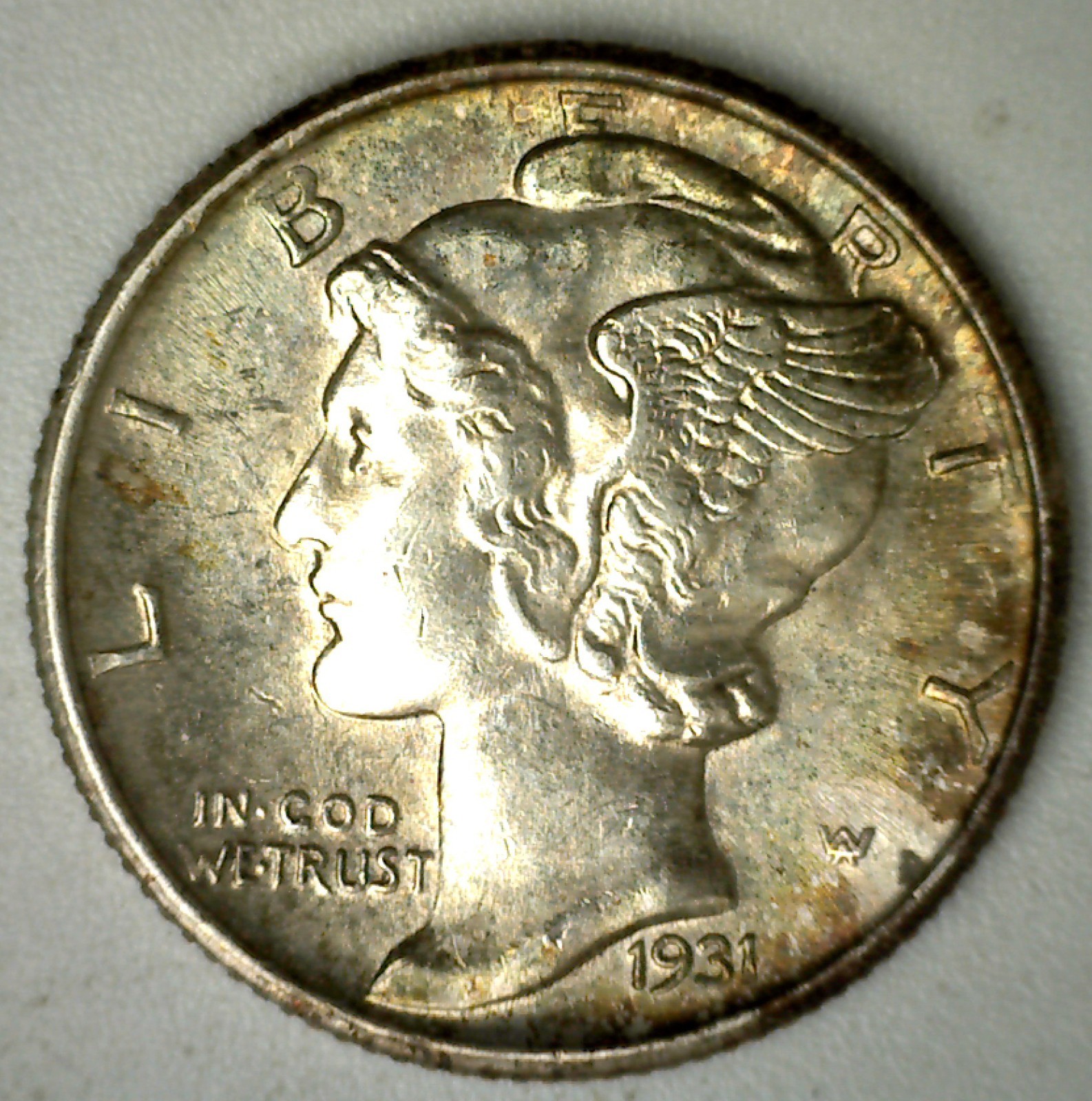 1931 Mercury Silver Dime 10c US Type Coin Philadelphia Mint Toned Uncirculated