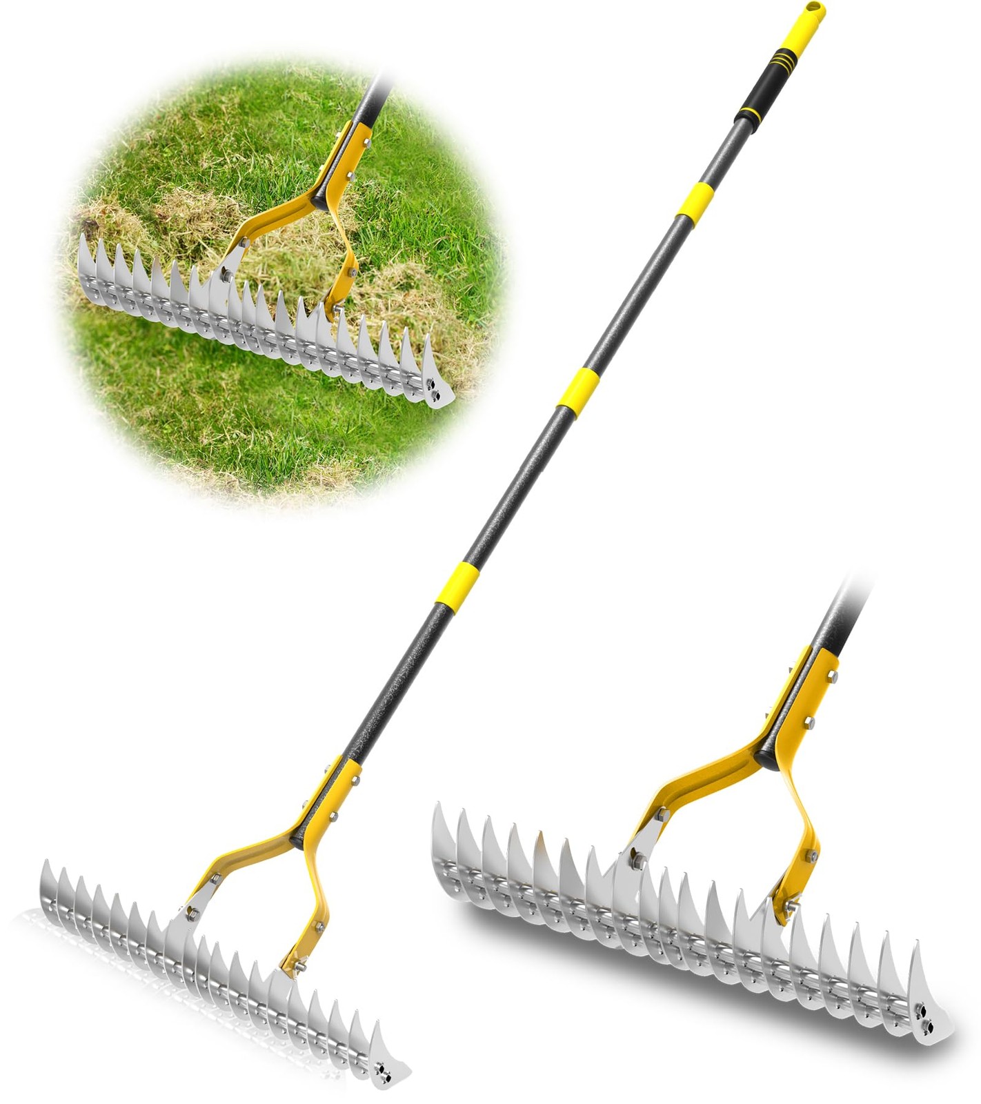 Thatching Rake for Lawns, 15" Heavy Duty Thatch Rake with 70" Handle