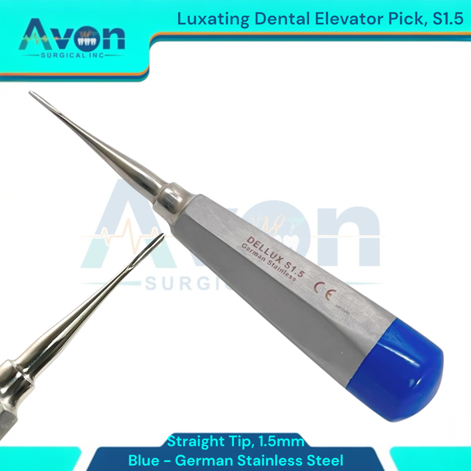Root Tip Pick Dental Tooth Extracting Elevator, 1.5mm Straight Tipped, Blue -1x