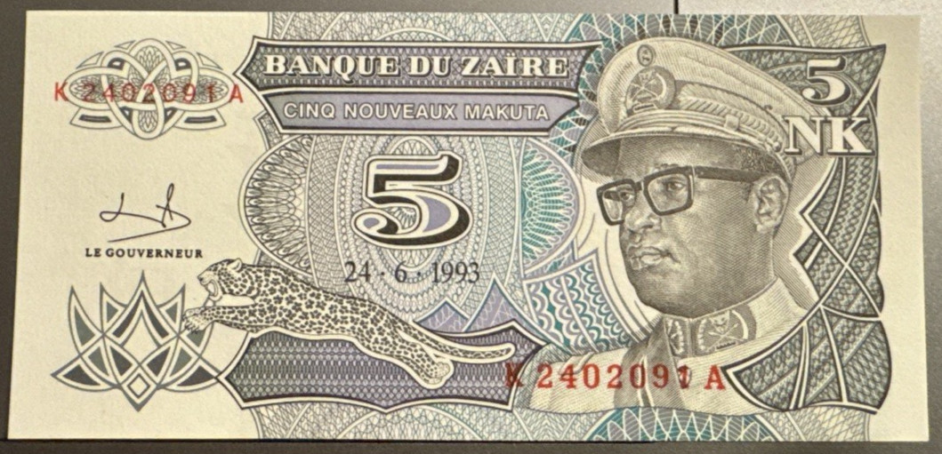 Zaire 5 Nouveaux Makuta 1993 Banknote VF+