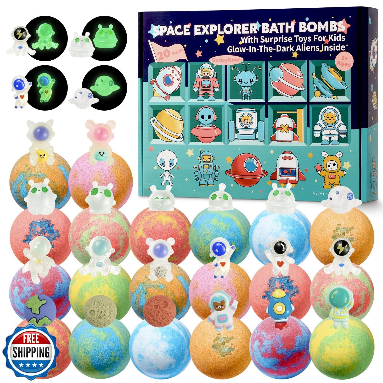 20 Pack Galaxy Bath Bombs for Kids with Space Explorer Toys, Cosm
