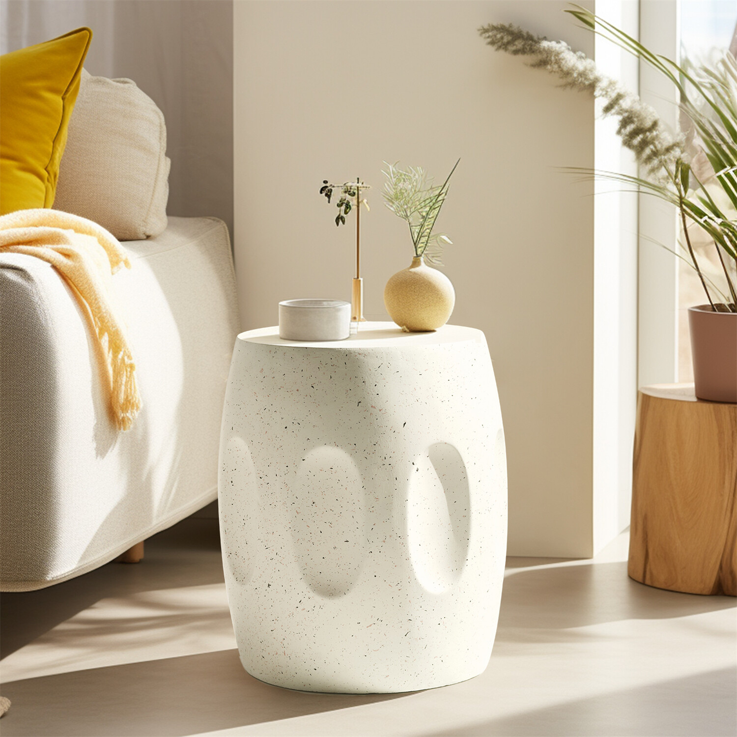 Off-white Round End Table Coffee Sofa Side Table Drum Shape Solid Concrete