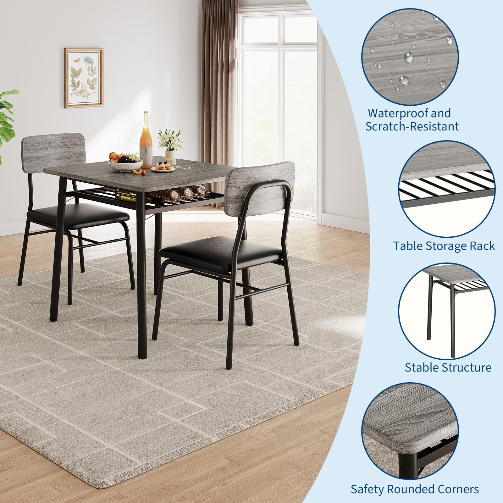 Set for 2 Dining Table Kitchen Table with 2 Chairs for Small Space Apartment